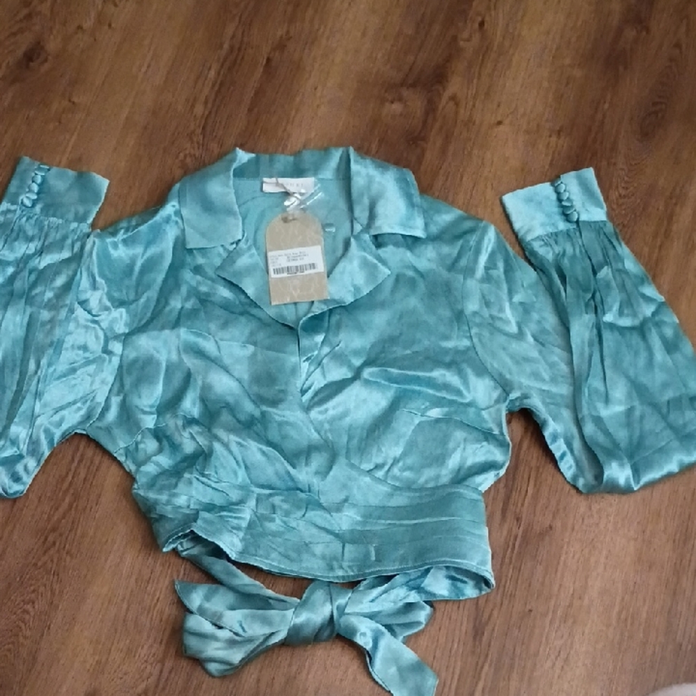 Meshki Powder Blue Satin Wrap Shirt